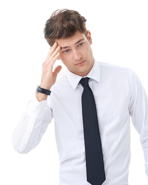 Studio headache and young businessman frustrated on mockup and professional with migraine Attorney mistake or fatigue with burnout for law career work or legal case fail by white background