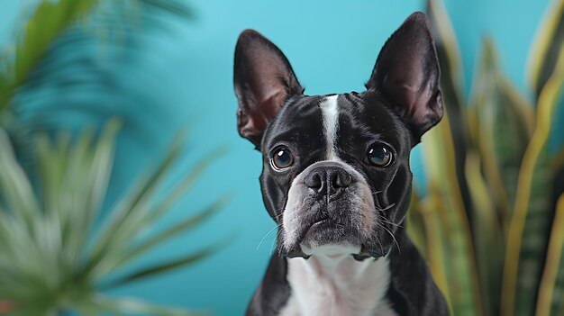 Photo studio headshot portrait of boston terrier dog