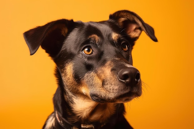 Studio headshot portrait of mixed breed rescue dog tilting head against yellow background