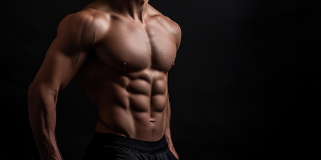 Photo studio lighting on defined abs of athletic man