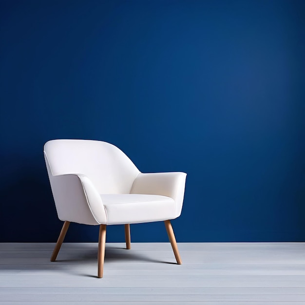 Studio or living room background with blue wall and white armchair