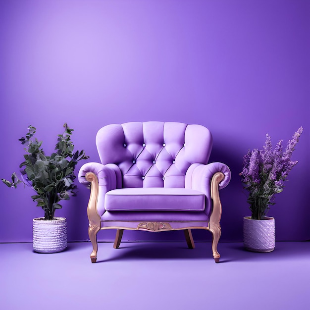 Photo studio or living room background with purple wall and purple armchair