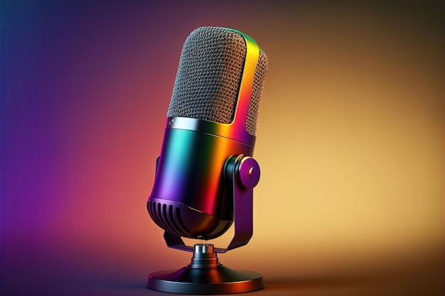 Studio microphone illustration for podcast, colorful gradient background. Generative AI