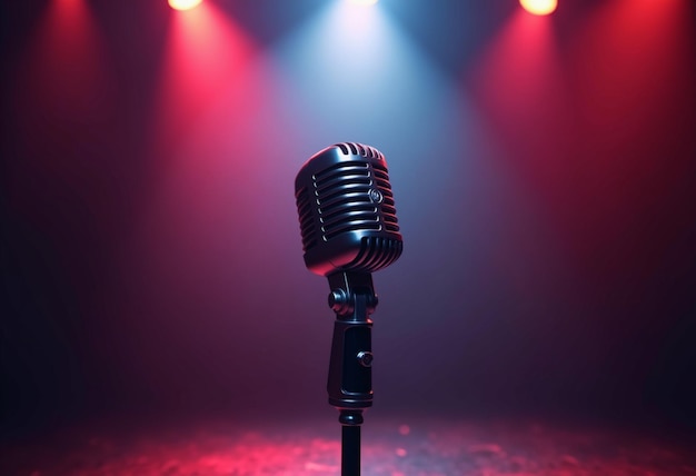 Photo studio microphone and pop shield on mic in the empty recording studio with copy space performance a