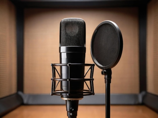 Studio microphone and pop shield on mic in the empty recording studio with copy space