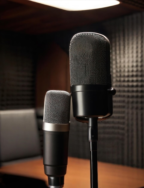 Studio microphone and pop shield on mic in the empty recording studio with copy space