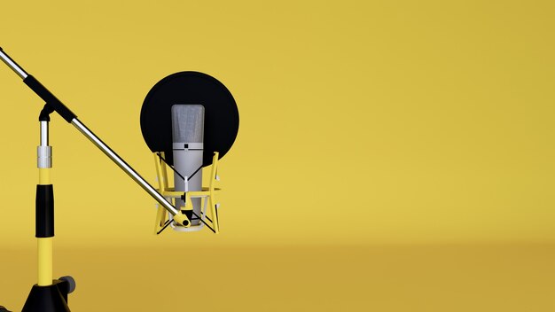 Studio microphone and pop shield on mic in the empty recording studio with yellow background