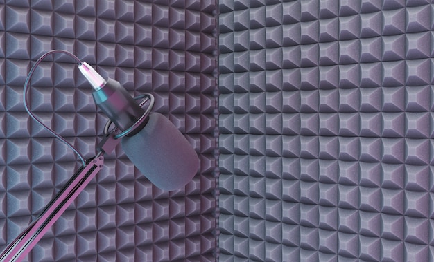 Studio microphone over a recording corner with acoustic foam