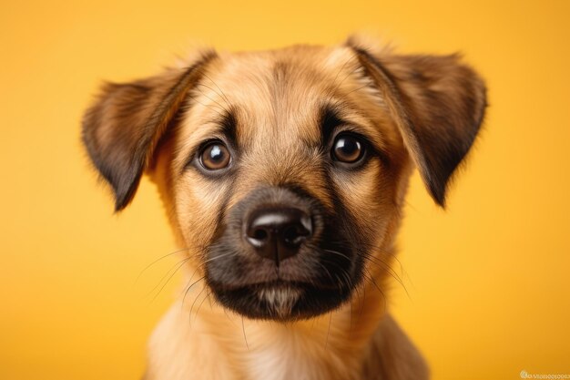 In the studio a mixed breed puppy is photographed against a yellow background