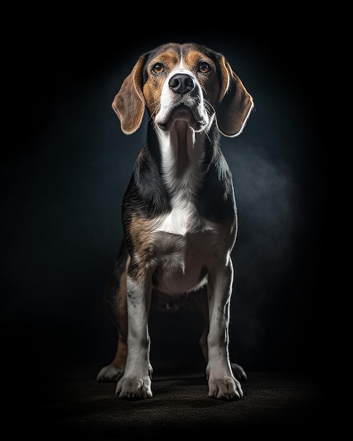 A studio photo of a beagle standing with black background