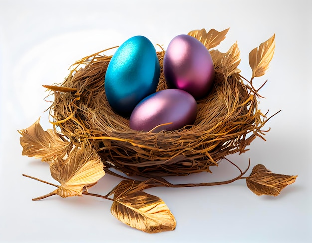 Studio photo of colorful vibrant colored Easter eggs in a nest with romantic floral decor