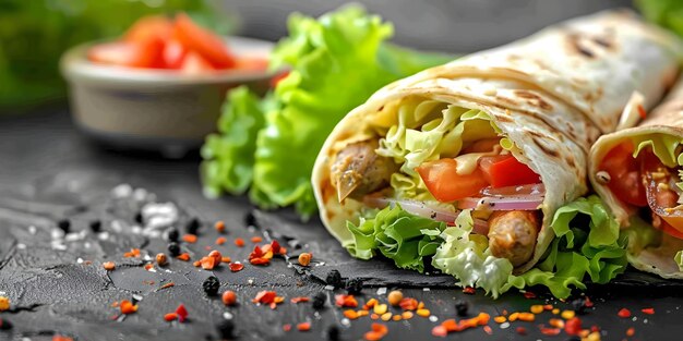 Photo studio photo of kebab wrap on black background with fresh ingredients concept food photography kebab wrap studio setting fresh ingredients black background