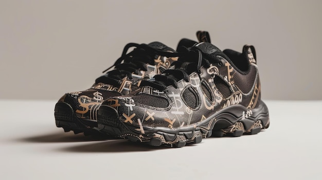 A studio photo of a pair of black sneakers Shallow depth of field