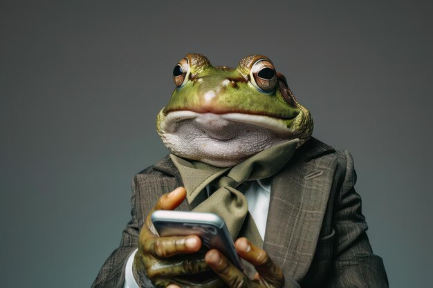 Photo studio photo portrait of a happy frog in business clothing