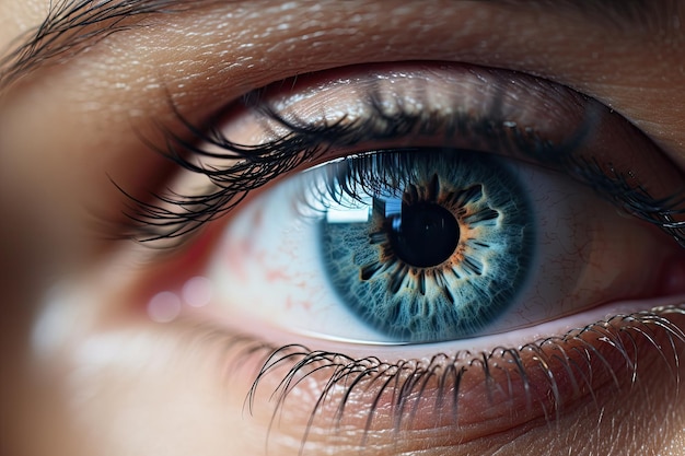 Studio photo of woman s blue eye up close