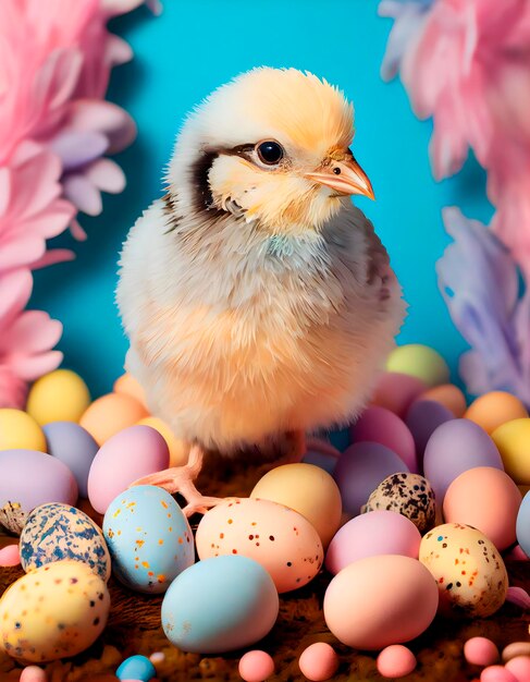 Studio photo of yellow little chickens around which are colorful bright Easter eggs