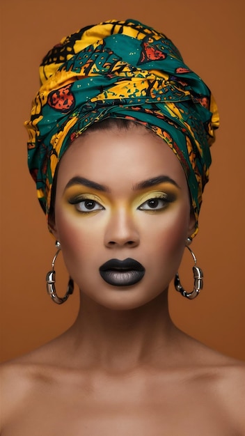 Studio portrait of african young woman with vibrant makeup of yellow and green colors