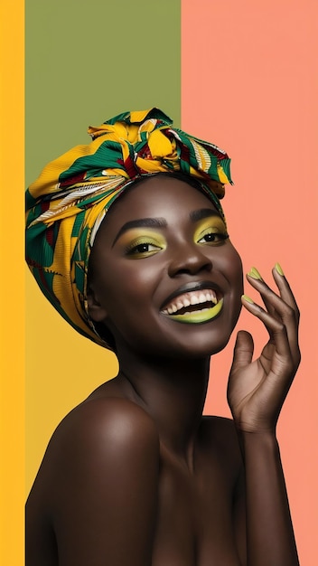 Studio portrait of african young woman with vibrant makeup of yellow and green colors