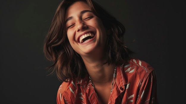 In A Studio Portrait An Attractive Woman Wearing A Shirt Laughs Heartily While Seated High Quality