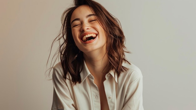 In A Studio Portrait An Attractive Woman Wearing A Shirt Laughs Heartily While Seated High Quality