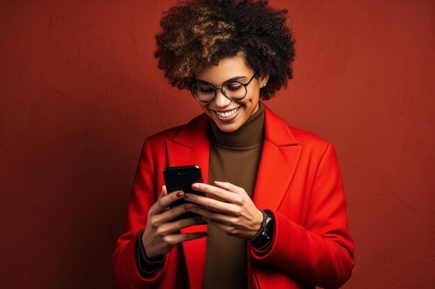 Studio portrait of beautiful african american woman with smartphone in red clothes against red