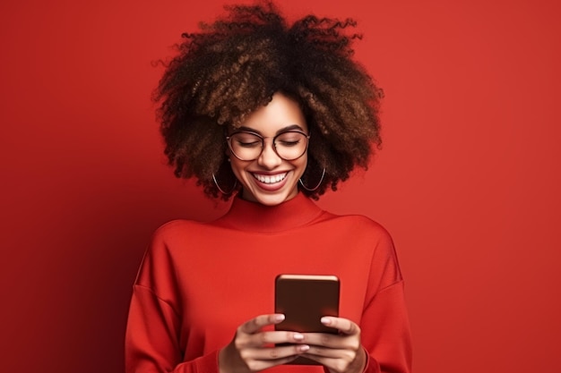 Studio portrait of beautiful african american woman with smartphone in red clothes against red