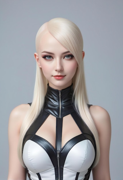 Studio portrait of a beautiful girl in a white latex suit