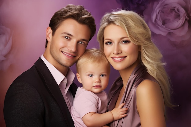 Studio portrait of beautiful parents with infant baby holding on hands on different colours backgrou