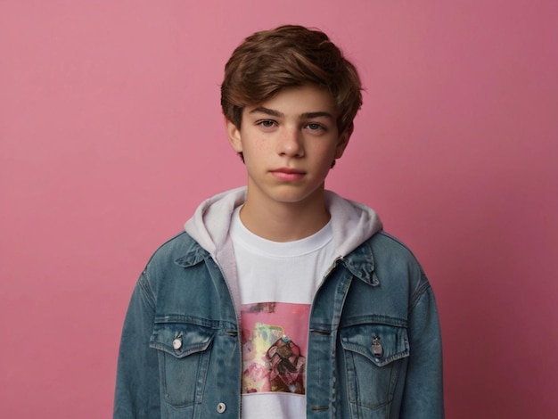 Photo studio portrait of a beautiful teenage boy on pink color background