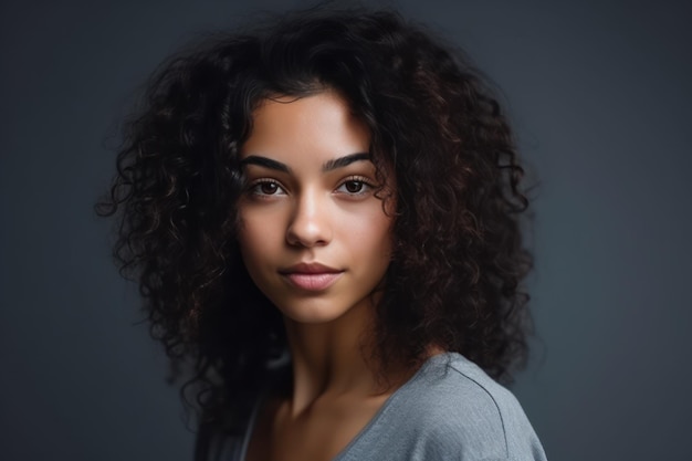 Studio portrait of a beautiful young woman with black curly hair mixed race girl wearing white t shirt looking up isolated on grey background people lifestyle beauty concept