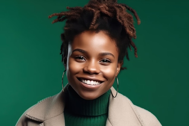 Studio portrait of black businesswoman with toothy smile confident good looking young woman with afro braids in white jacket and mint turtleneck standing isolated on solid green colour background