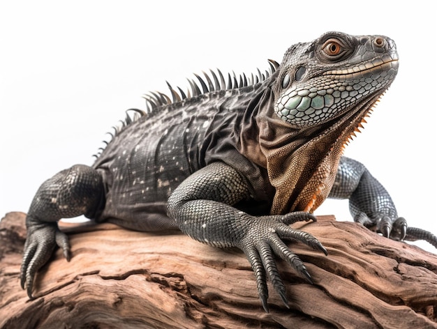 Studio portrait of black iguana on a tree branch isolated on white background ai generative