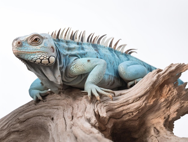 Studio portrait of a blue iguana on a tree branch isolated on white background ai generative