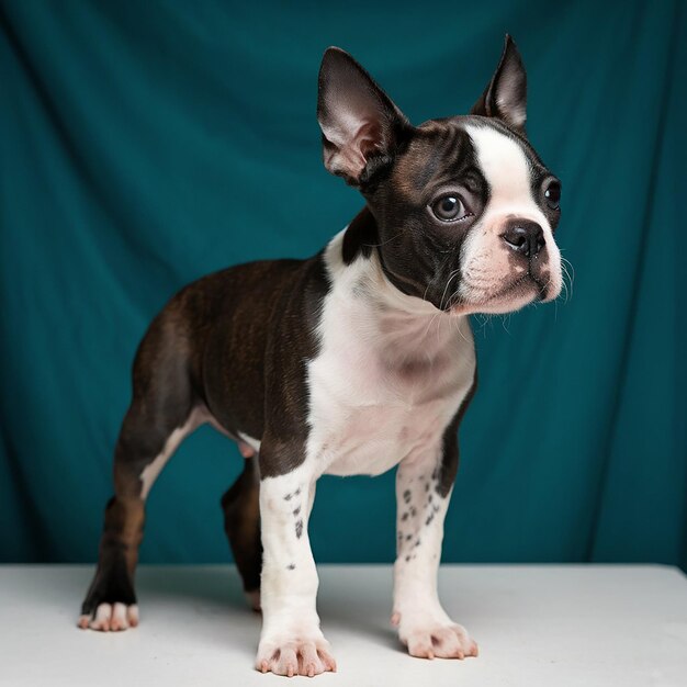 Photo studio portrait of a boston terrier dog standing and looking forward against a teal background