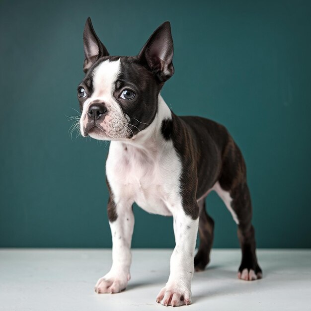 Photo studio portrait of a boston terrier dog standing and looking forward against a teal background