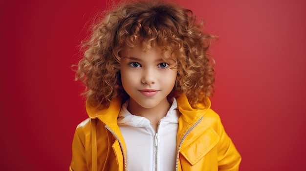 Studio portrait of a child model with selective focus on a colored background providing copy space