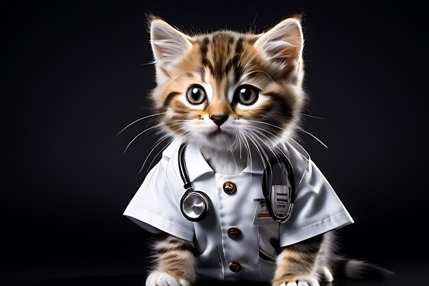 Studio portrait of a cute maine coon kitten wearing a medical coat and stethoscope