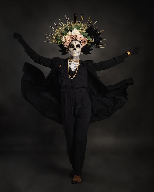 Studio portrait of Drag Queen catrin Catrin dressed in black with flower crown