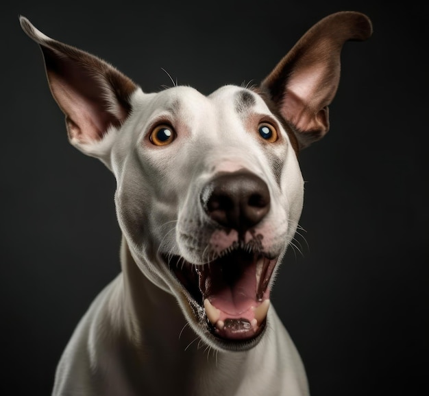 Studio portrait of funny and excited bull terrier mixed dog on grey background with shocked surprised expression and open mouth