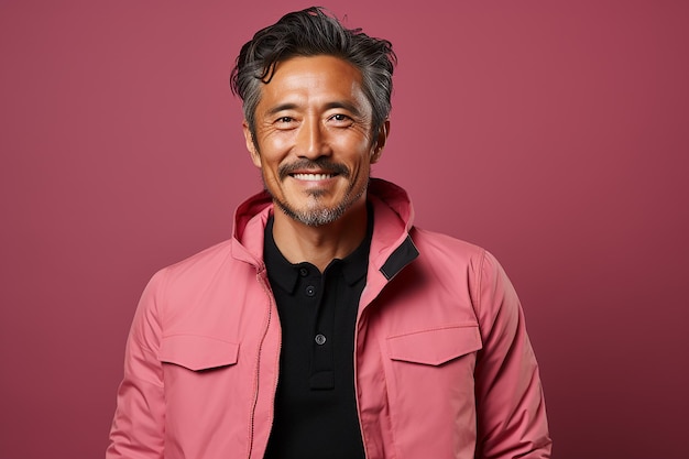 Studio portrait of handsome middle age asian man standing on different colours background