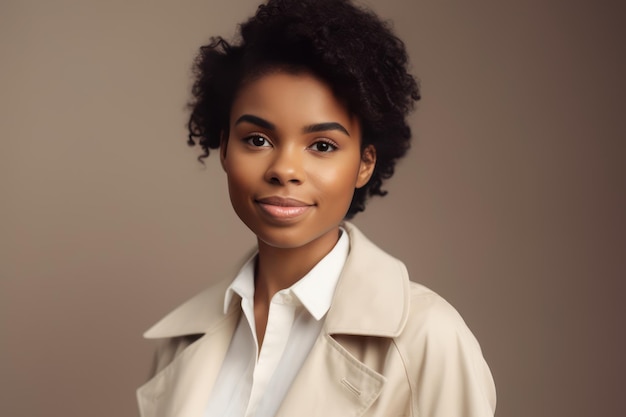 Studio portrait of happy successful confident black business woman beautiful young lady in white jacket smiling at camera standing isolated on blank solid beige colour copyspace background