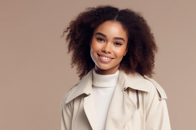 Studio portrait of happy successful confident black business woman beautiful young lady in white jacket smiling at camera standing isolated on blank solid beige colour copyspace background