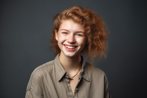 Studio portrait of a joyful young woman standing in front of a gray background