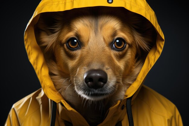 Studio portrait of a lovely Bass dog wearing a yellow raincoat generative IA