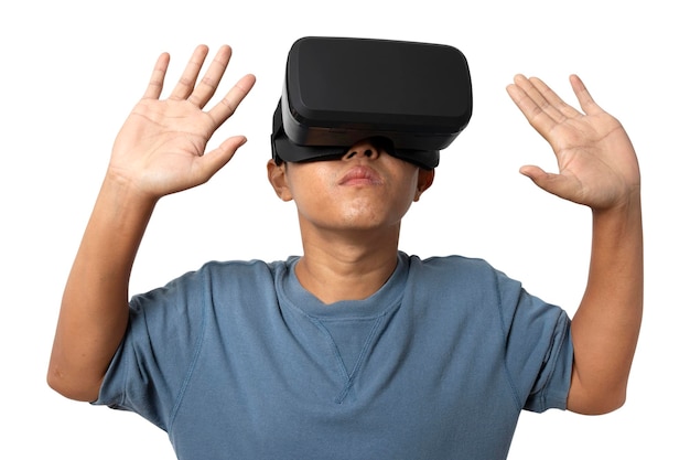 Studio portrait man wearing VR Headset isolated on white background