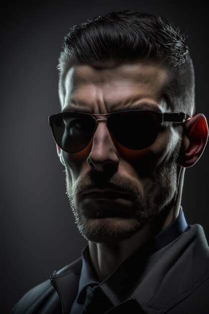 Studio portrait of serious caucasian man wearing sunglasses Black background