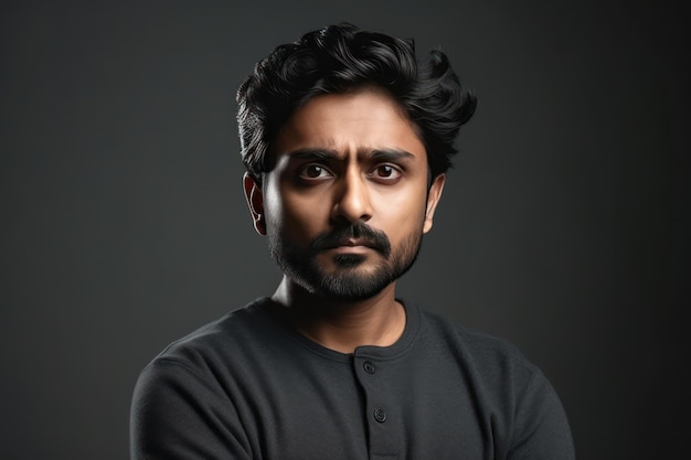 Studio portrait of serious indian man looking aside standing over grey copy space background young adult hindu male entrepreneur leader or successful freelance worker showing confidence expression