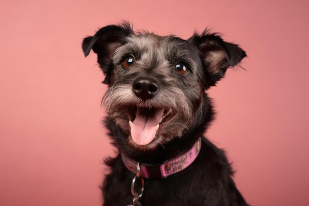 Studio portrait of smiling black brown and white mixed breed rescue dog sitting and smiling against a pink background