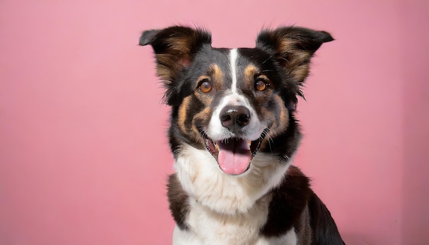 studio portrait of smiling black brown and white mixed breed rescue dog sitting and smiling