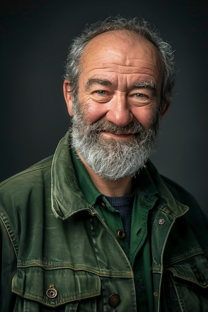 A studio portrait of a smiling middleaged